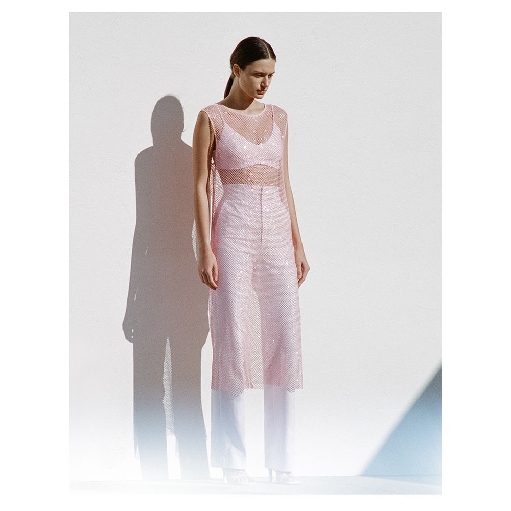 NWT Scanlan Theodore DIAMANTE MESH DRESS PALE PINK - Picture 1 of 13